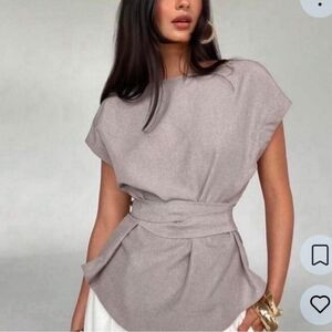 tan/gray linen tie front blouse